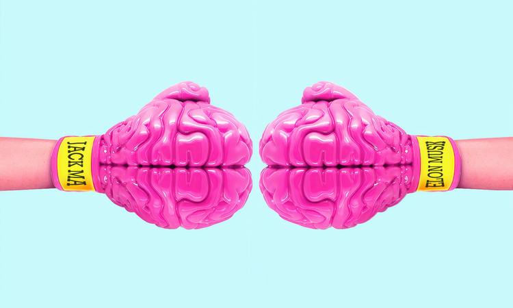Pink Boxing Gloves shaped as brain with blue background